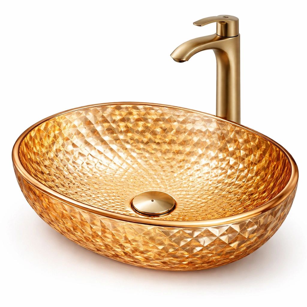 Vasque ronde verre ambr textur avec robinet dor-zenvaryn