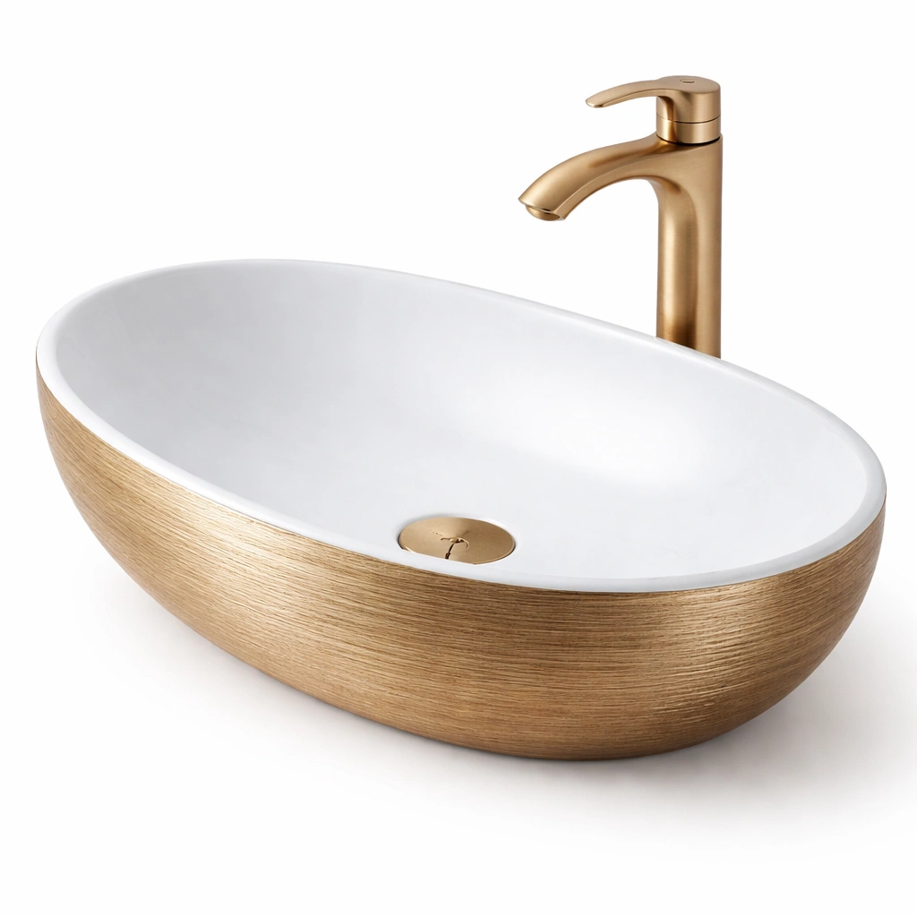 Vasque ovale finition bois extrieur et intrieur blanc avec robinet dor-zenvaryn