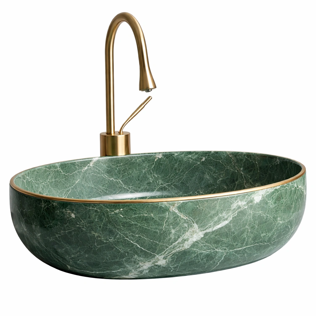 Vasque ovale marbre vert avec bord dor et robinet assorti-zenvaryn