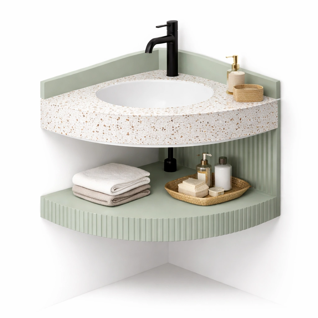Meuble vasque angle terrazzo avec rangement intgr et robinet noir-zenvaryn
