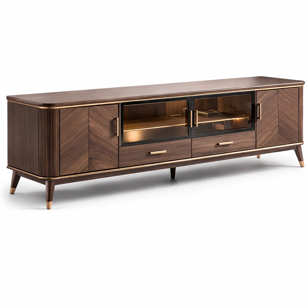 Meuble TV Moderne Noyer Verre Accent Mtal-zenvaryn