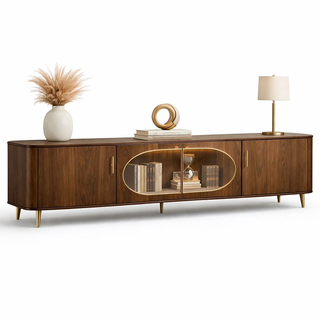 Meuble TV Vintage Noyer Vitrine Verre Ovale-zenvaryn