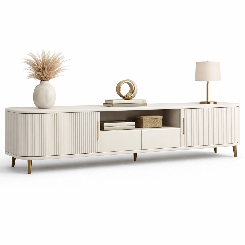 Meuble TV Moderne Crme Forme Courbe Minimaliste-zenvaryn