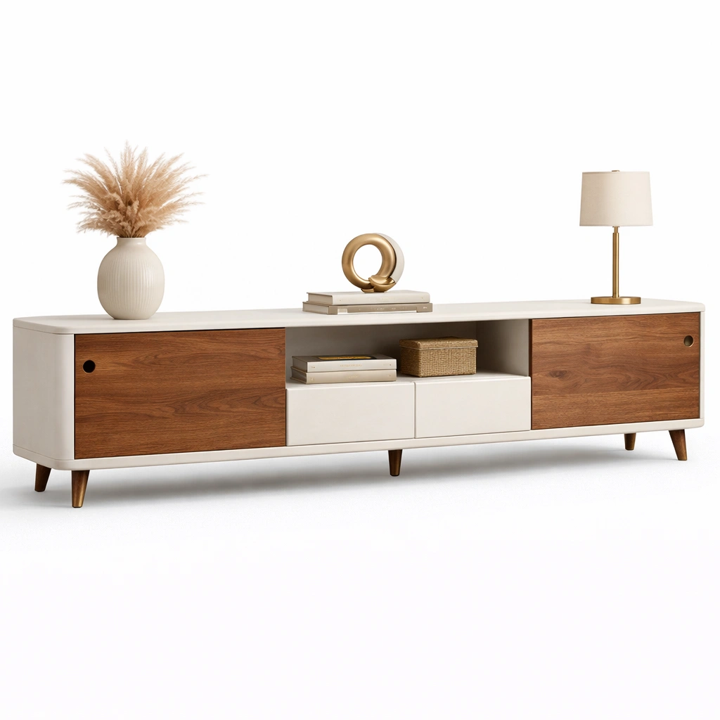 Meuble TV Mid Century Noyer Crme Contraste-zenvaryn