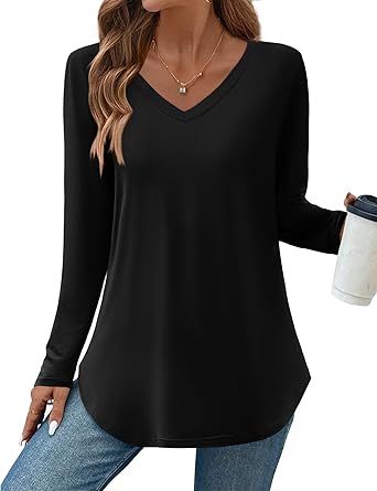 Womens Long Sleeve Tops 2026 V Neck Pleated Shirts Dressy Casual Tunic Blouses Loose Fit Fall Fashion Clothes