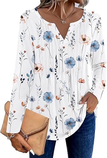 Womens Long Sleeve Tops 2026 V Neck Pleated Shirts Dressy Casual Tunic Blouses Loose Fit Fall Fashion Clothes