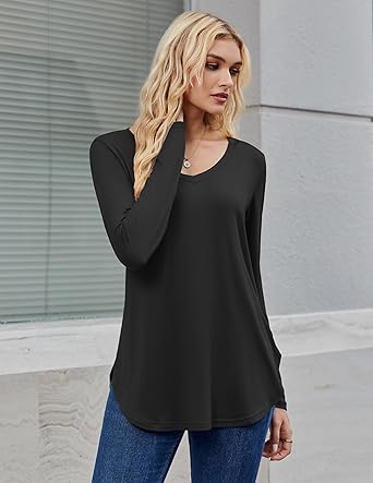 Womens Long Sleeve Tops 2026 V Neck Pleated Shirts Dressy Casual Tunic Blouses Loose Fit Fall Fashion Clothes