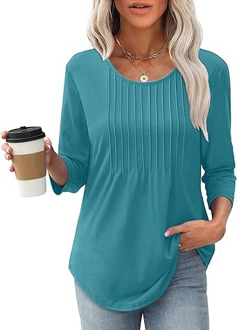 Womens Long Sleeve Tops 2026 V Neck Pleated Shirts Dressy Casual Tunic Blouses Loose Fit Fall Fashion Clothes