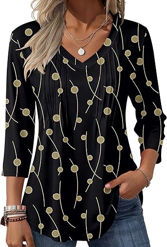 Womens Long Sleeve Tops 2026 V Neck Pleated Shirts Dressy Casual Tunic Blouses Loose Fit Fall Fashion Clothes
