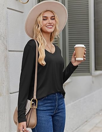 Womens Long Sleeve Tops 2026 V Neck Pleated Shirts Dressy Casual Tunic Blouses Loose Fit Fall Fashion Clothes