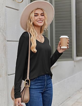 Womens Long Sleeve Tops 2026 V Neck Pleated Shirts Dressy Casual Tunic Blouses Loose Fit Fall Fashion Clothes