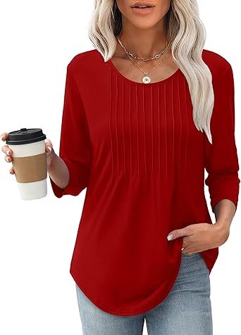 Womens Long Sleeve Tops 2026 V Neck Pleated Shirts Dressy Casual Tunic Blouses Loose Fit Fall Fashion Clothes