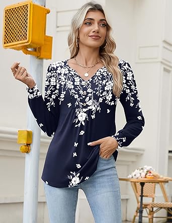 Womens Long Sleeve Tops 2026 V Neck Pleated Shirts Dressy Casual Tunic Blouses Loose Fit Fall Fashion Clothes