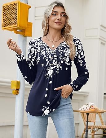 Womens Long Sleeve Tops 2026 V Neck Pleated Shirts Dressy Casual Tunic Blouses Loose Fit Fall Fashion Clothes