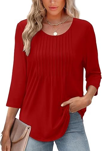 Womens Long Sleeve Tops 2026 V Neck Pleated Shirts Dressy Casual Tunic Blouses Loose Fit Fall Fashion Clothes