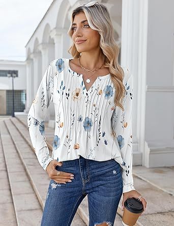 Womens Long Sleeve Tops 2026 V Neck Pleated Shirts Dressy Casual Tunic Blouses Loose Fit Fall Fashion Clothes