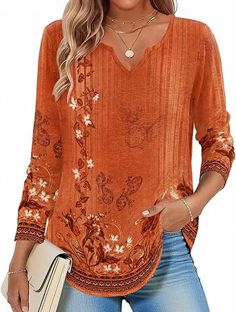 Womens Long Sleeve Tops 2026 V Neck Pleated Shirts Dressy Casual Tunic Blouses Loose Fit Fall Fashion Clothes