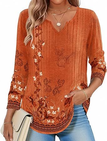 Womens Long Sleeve Tops 2026 V Neck Pleated Shirts Dressy Casual Tunic Blouses Loose Fit Fall Fashion Clothes