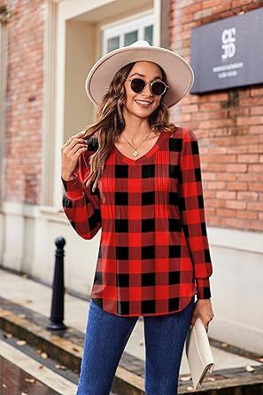 Womens Long Sleeve Tops 2026 V Neck Pleated Shirts Dressy Casual Tunic Blouses Loose Fit Fall Fashion Clothes