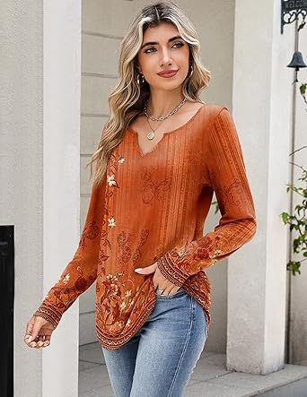 Womens Long Sleeve Tops 2026 V Neck Pleated Shirts Dressy Casual Tunic Blouses Loose Fit Fall Fashion Clothes