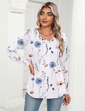 Womens Long Sleeve Tops 2026 V Neck Pleated Shirts Dressy Casual Tunic Blouses Loose Fit Fall Fashion Clothes