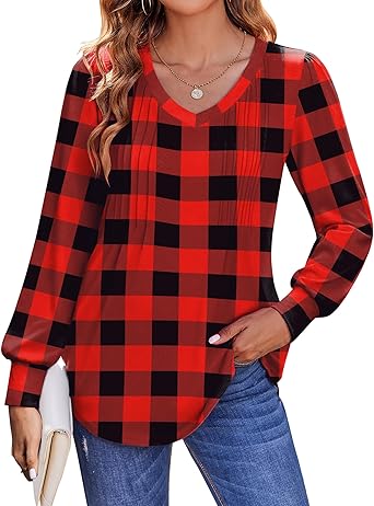 Womens Long Sleeve Tops 2026 V Neck Pleated Shirts Dressy Casual Tunic Blouses Loose Fit Fall Fashion Clothes