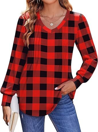 Womens Long Sleeve Tops 2026 V Neck Pleated Shirts Dressy Casual Tunic Blouses Loose Fit Fall Fashion Clothes