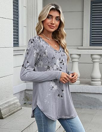 Womens Long Sleeve Tops 2026 V Neck Pleated Shirts Dressy Casual Tunic Blouses Loose Fit Fall Fashion Clothes