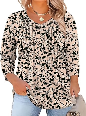 Womens Long Sleeve Tops 2026 V Neck Pleated Shirts Dressy Casual Tunic Blouses Loose Fit Fall Fashion Clothes