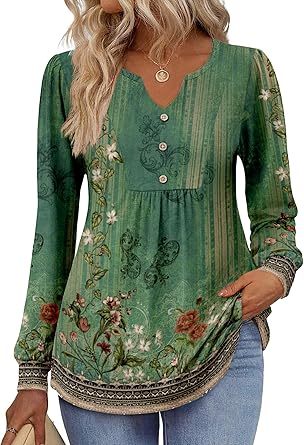 Womens Long Sleeve Tops 2026 V Neck Pleated Shirts Dressy Casual Tunic Blouses Loose Fit Fall Fashion Clothes