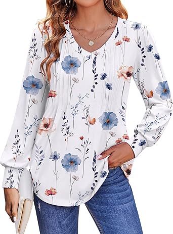 Womens Long Sleeve Tops 2026 V Neck Pleated Shirts Dressy Casual Tunic Blouses Loose Fit Fall Fashion Clothes