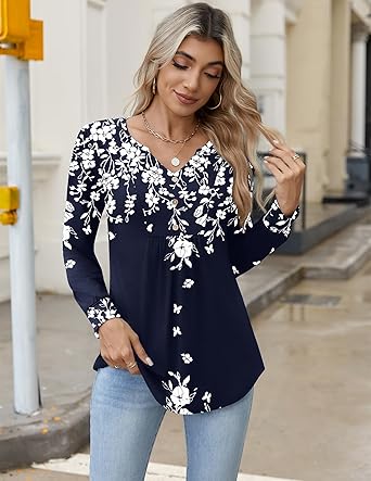 Womens Long Sleeve Tops 2026 V Neck Pleated Shirts Dressy Casual Tunic Blouses Loose Fit Fall Fashion Clothes