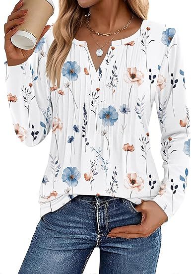 Womens Long Sleeve Tops 2026 V Neck Pleated Shirts Dressy Casual Tunic Blouses Loose Fit Fall Fashion Clothes