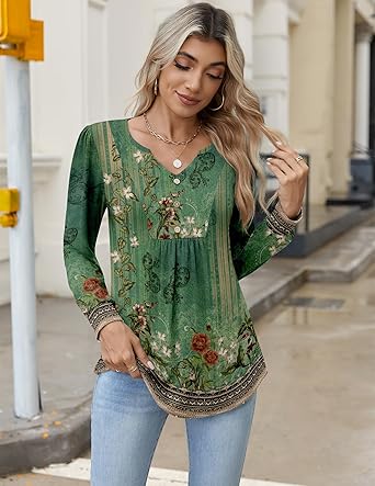 Womens Long Sleeve Tops 2026 V Neck Pleated Shirts Dressy Casual Tunic Blouses Loose Fit Fall Fashion Clothes