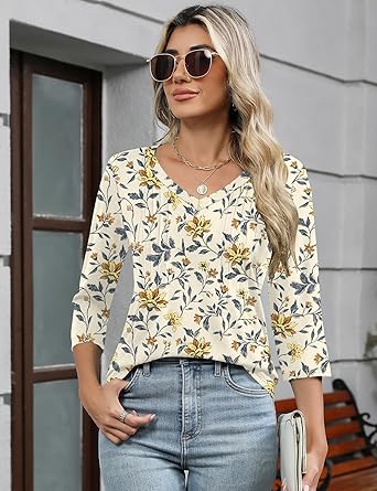 Womens Long Sleeve Tops 2026 V Neck Pleated Shirts Dressy Casual Tunic Blouses Loose Fit Fall Fashion Clothes