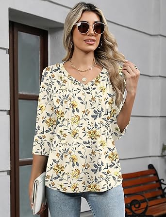 Womens Long Sleeve Tops 2026 V Neck Pleated Shirts Dressy Casual Tunic Blouses Loose Fit Fall Fashion Clothes