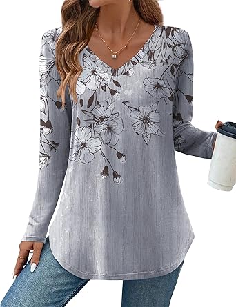 Womens Long Sleeve Tops 2026 V Neck Pleated Shirts Dressy Casual Tunic Blouses Loose Fit Fall Fashion Clothes