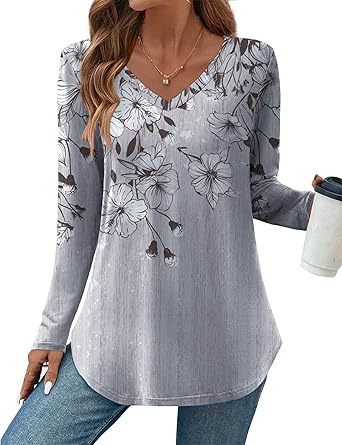 Womens Long Sleeve Tops 2026 V Neck Pleated Shirts Dressy Casual Tunic Blouses Loose Fit Fall Fashion Clothes