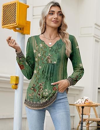 Womens Long Sleeve Tops 2026 V Neck Pleated Shirts Dressy Casual Tunic Blouses Loose Fit Fall Fashion Clothes