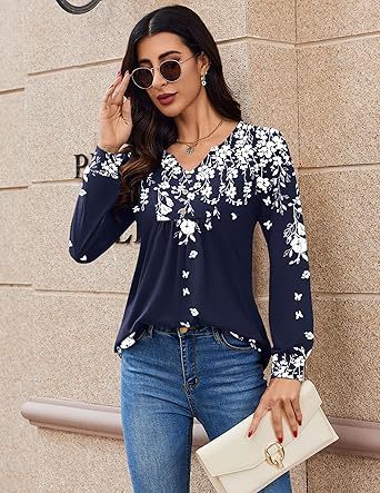 Womens Long Sleeve Tops 2026 V Neck Pleated Shirts Dressy Casual Tunic Blouses Loose Fit Fall Fashion Clothes