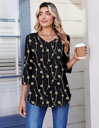 Womens Long Sleeve Tops 2026 V Neck Pleated Shirts Dressy Casual Tunic Blouses Loose Fit Fall Fashion Clothes