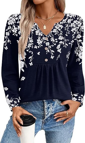 Womens Long Sleeve Tops 2026 V Neck Pleated Shirts Dressy Casual Tunic Blouses Loose Fit Fall Fashion Clothes