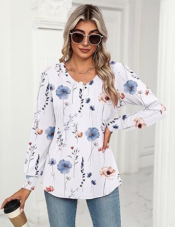 Womens Long Sleeve Tops 2026 V Neck Pleated Shirts Dressy Casual Tunic Blouses Loose Fit Fall Fashion Clothes