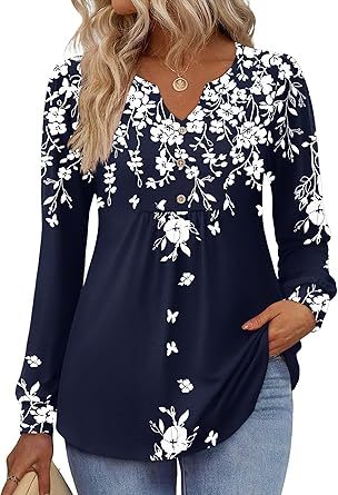 Womens Long Sleeve Tops 2026 V Neck Pleated Shirts Dressy Casual Tunic Blouses Loose Fit Fall Fashion Clothes