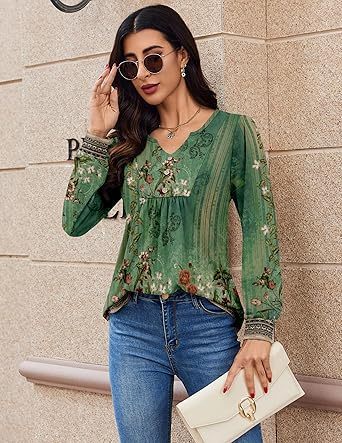 Womens Long Sleeve Tops 2026 V Neck Pleated Shirts Dressy Casual Tunic Blouses Loose Fit Fall Fashion Clothes