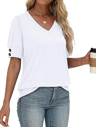 Womens Tops Short Sleeve Shirts Buttons V Neck Spring Fashion Summer Outfits Plus Size Blouses Dressy Casual
