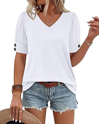 Womens Tops Short Sleeve Shirts Buttons V Neck Spring Fashion Summer Outfits Plus Size Blouses Dressy Casual