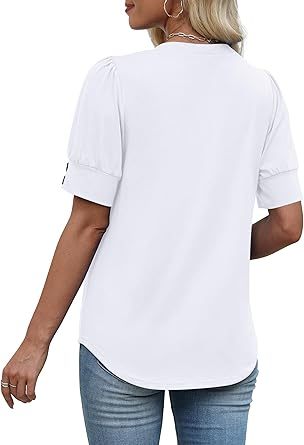 Womens Tops Short Sleeve Shirts Buttons V Neck Spring Fashion Summer Outfits Plus Size Blouses Dressy Casual