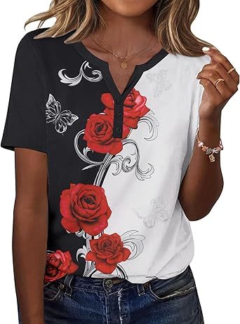 Womens Tops Short Sleeve Shirts Buttons V Neck Spring Fashion Summer Outfits Plus Size Blouses Dressy Casual