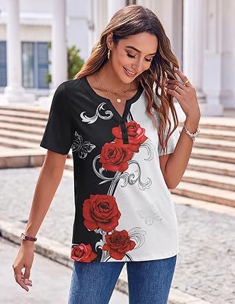 Womens Tops Short Sleeve Shirts Buttons V Neck Spring Fashion Summer Outfits Plus Size Blouses Dressy Casual